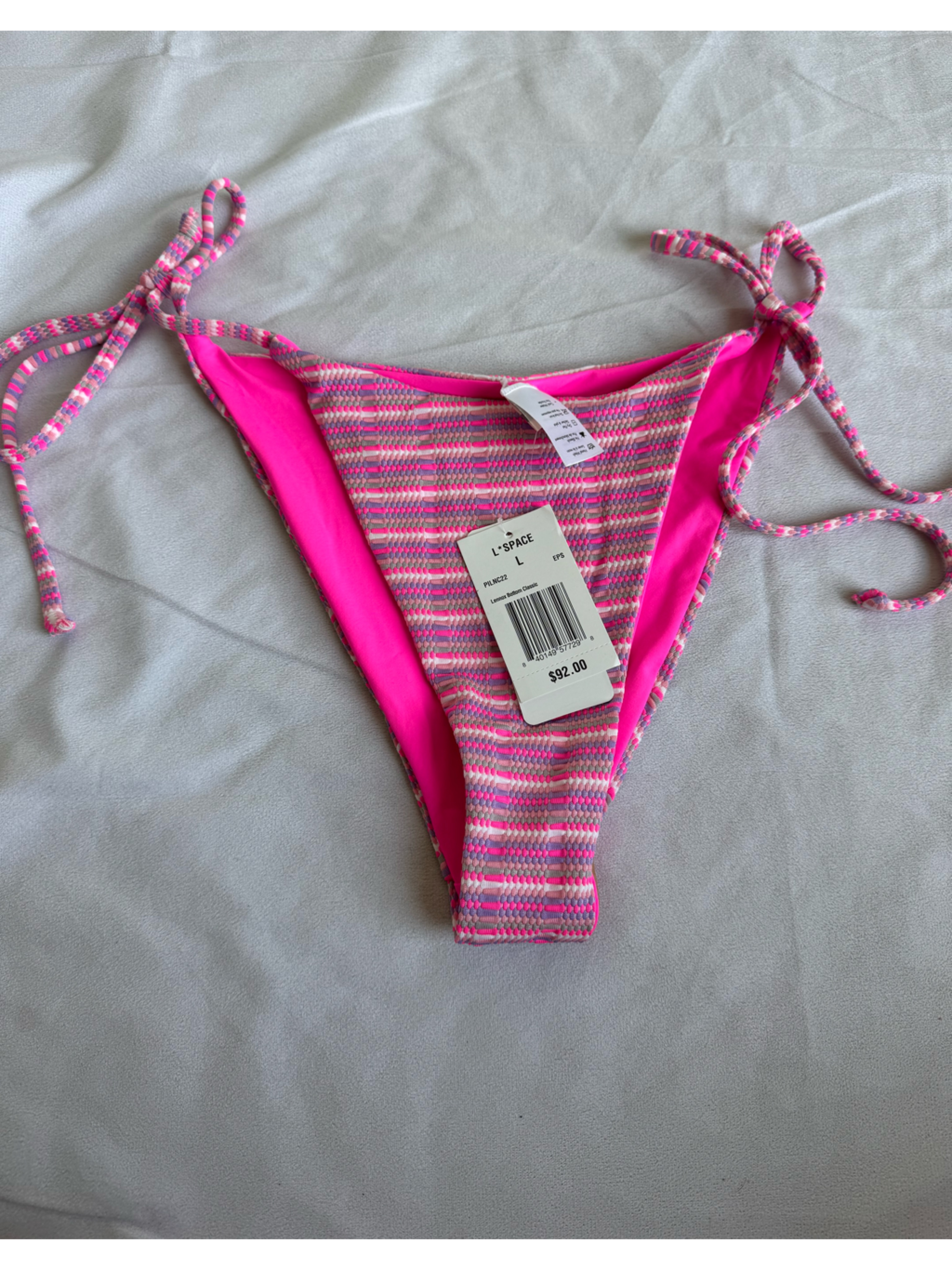 L*Space Lennox Classic String Bikini Bottoms Large Pink Stripe Cheeky Swim Beach